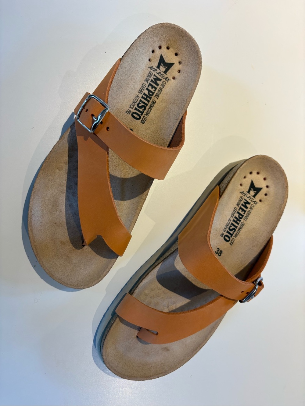 Mephisto Cognac Leather Buckle Toe-Loop Sandals